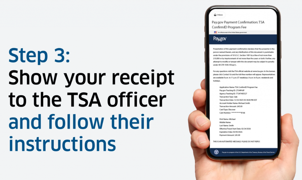 screenshot: Step 3: Show your receipt to the TSA officer and follow their instructions